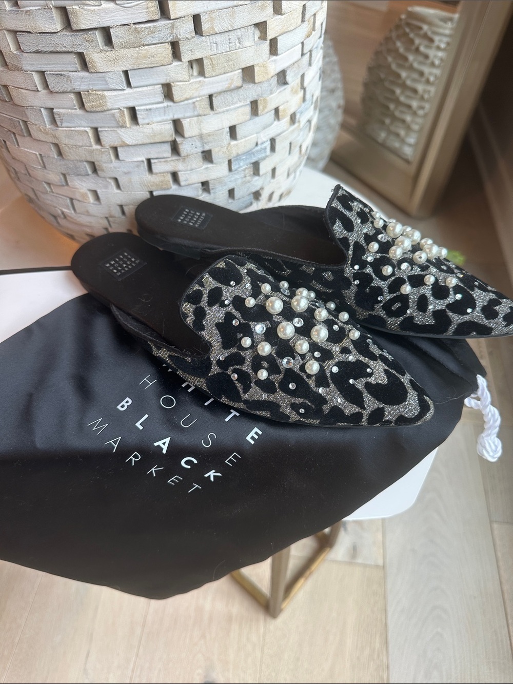 White House Black Market Black Velvet Pearl-Embellished Leopard Mules